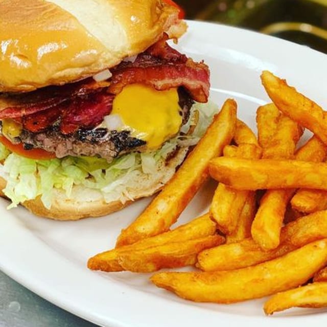 Bacon Cheese Burger and Fries.