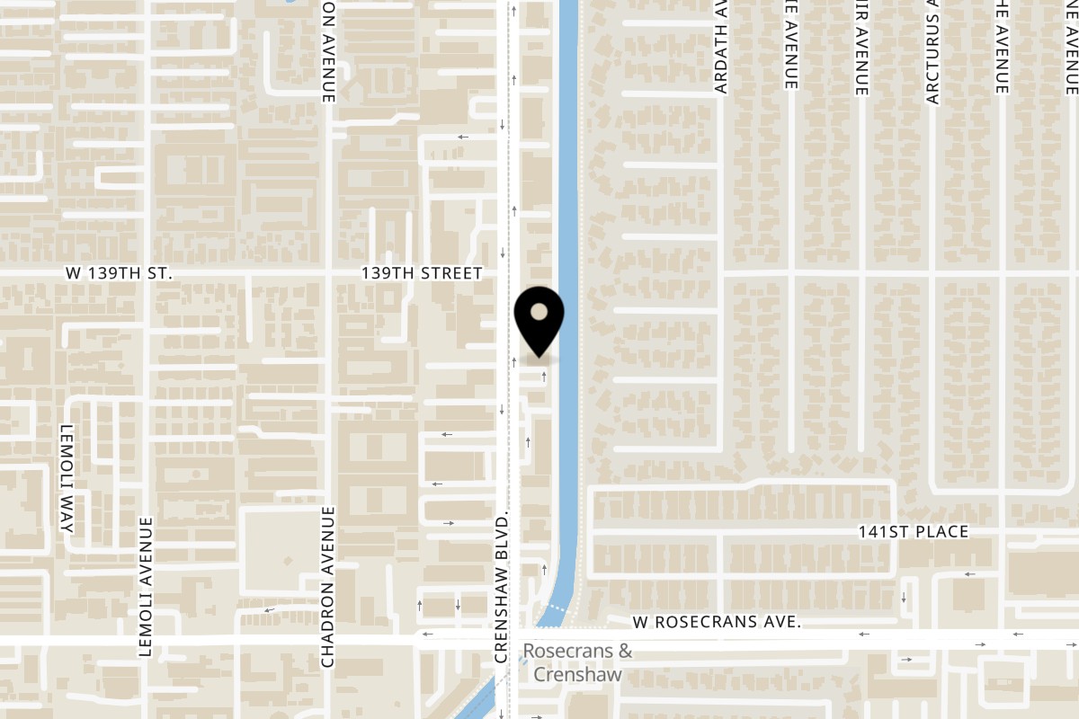 Map showing the location of The Blue Hole Restaurant Belizean Caribbean Cuisine on 14008 Crenshaw Blvd in Gardena